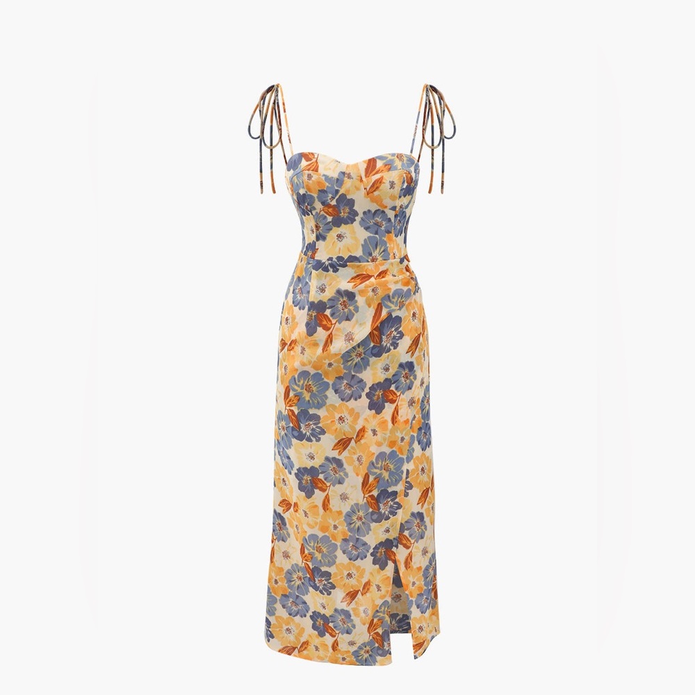 Reformation Floral Print Tie Strap Wrap Slit Midi Dress